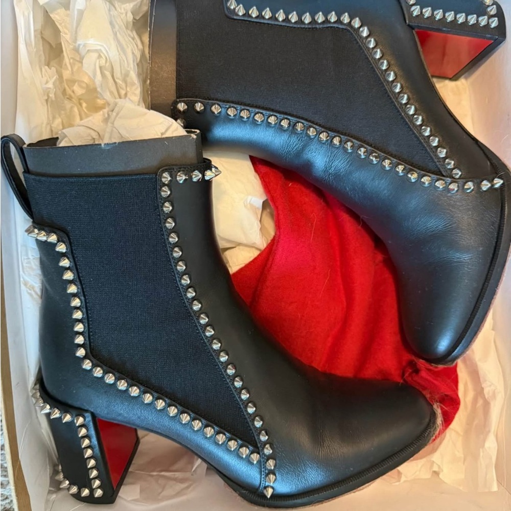 Christian Louboutin Black Leather Ankle Boots with Silver Studs
